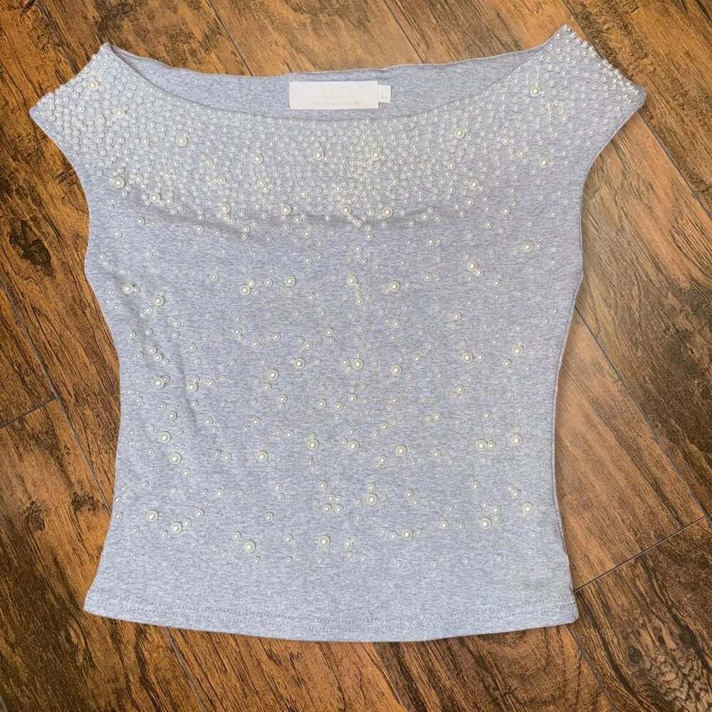 Lizette Collection Pearl Embellished Top Size L Gray Cotton Spandex